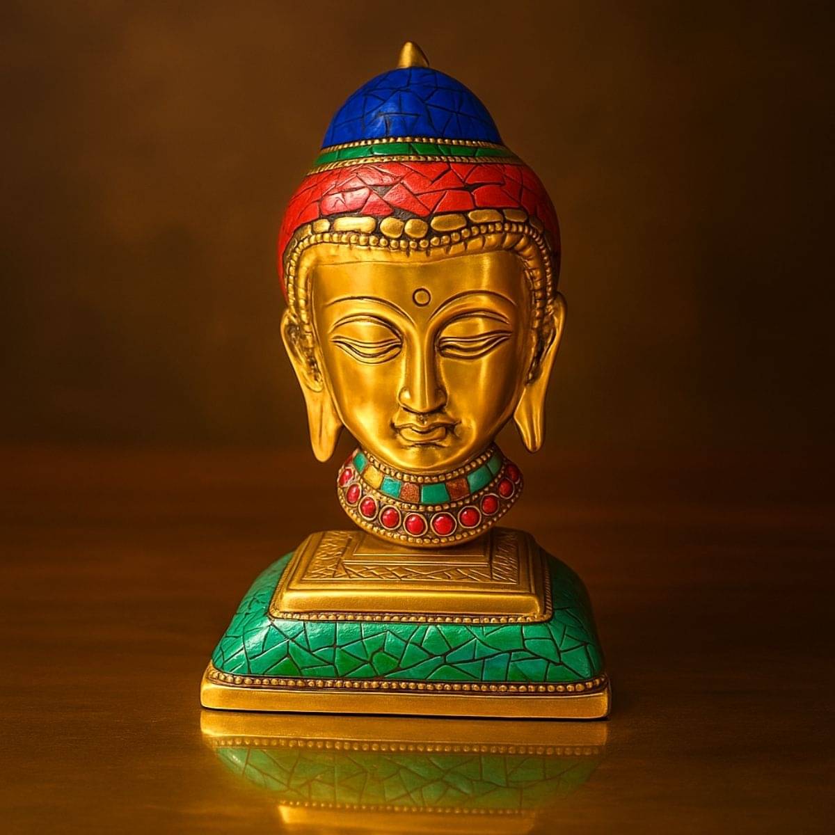     			Tiny Shiny Buddha Metal Head Statue with Stone Work Figurine for Gifting, Pooja Room