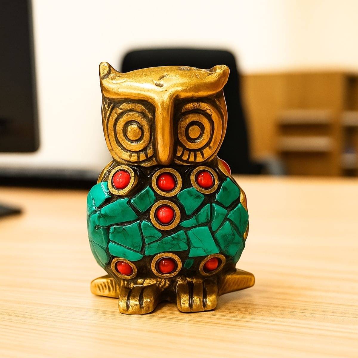     			Tiny Shiny Owl Metal Statue igurine with Colorful Stones Agarbatti Holder for Pooja room, living room for gift