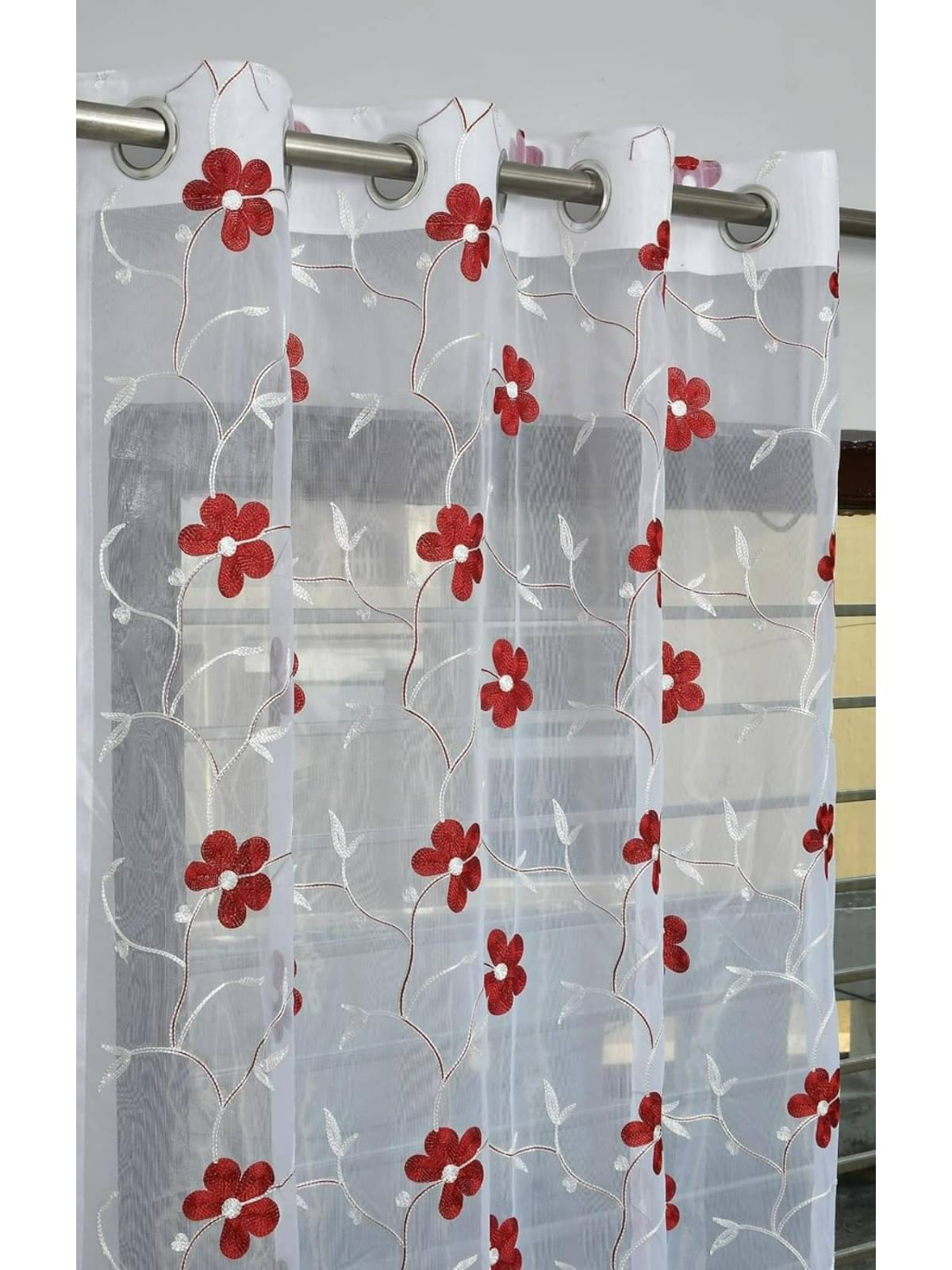 UrbanArts Floral Transparent Eyelet Curtain 7 ft ( Pack of 1 ) - Red UrbanArts Floral Transparent Eyelet Curtain 7 ft ( Pack of 1 ) - Red