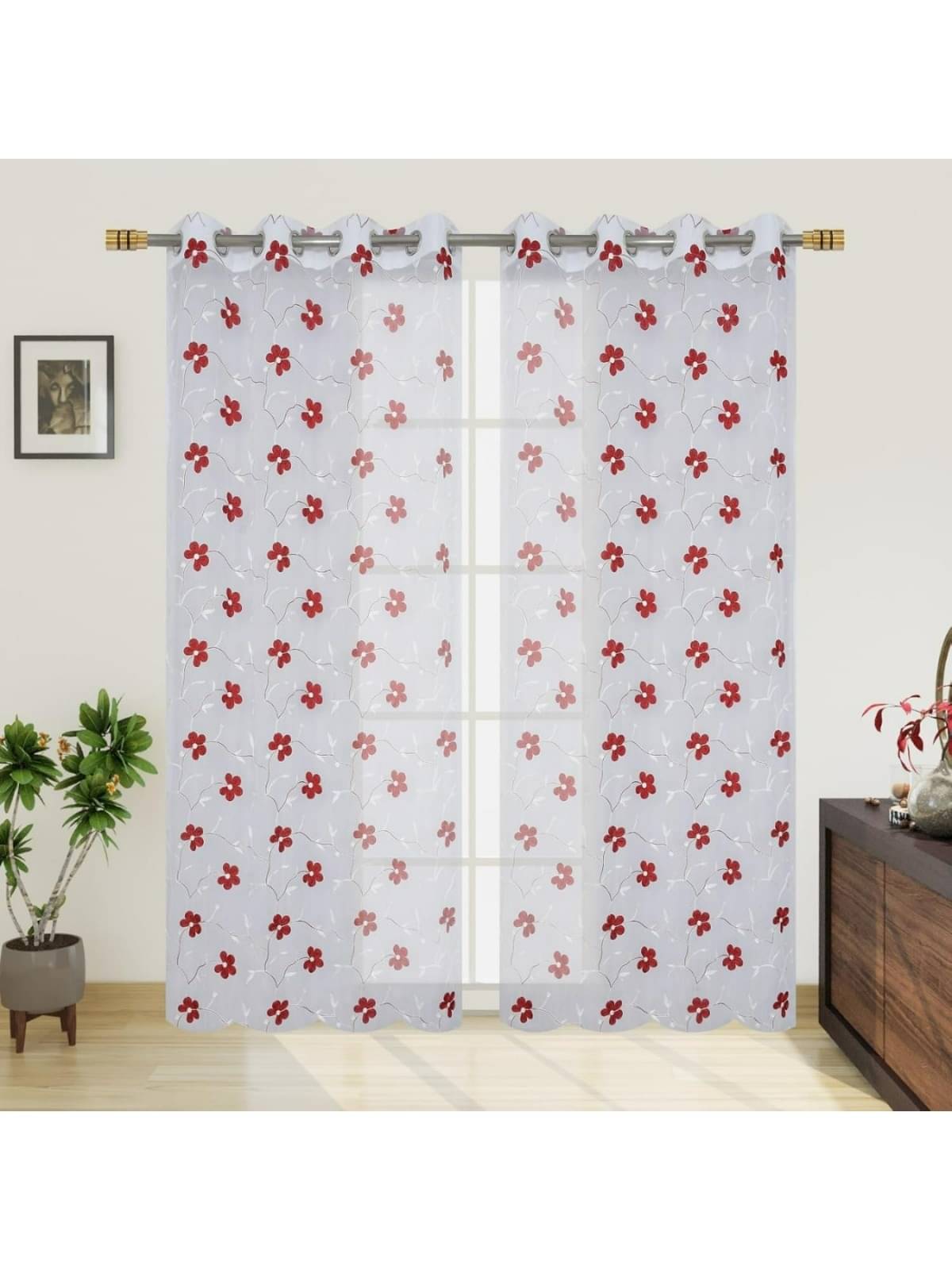     			UrbanArts Floral Transparent Eyelet Curtain 9 ft ( Pack of 2 ) - Red
