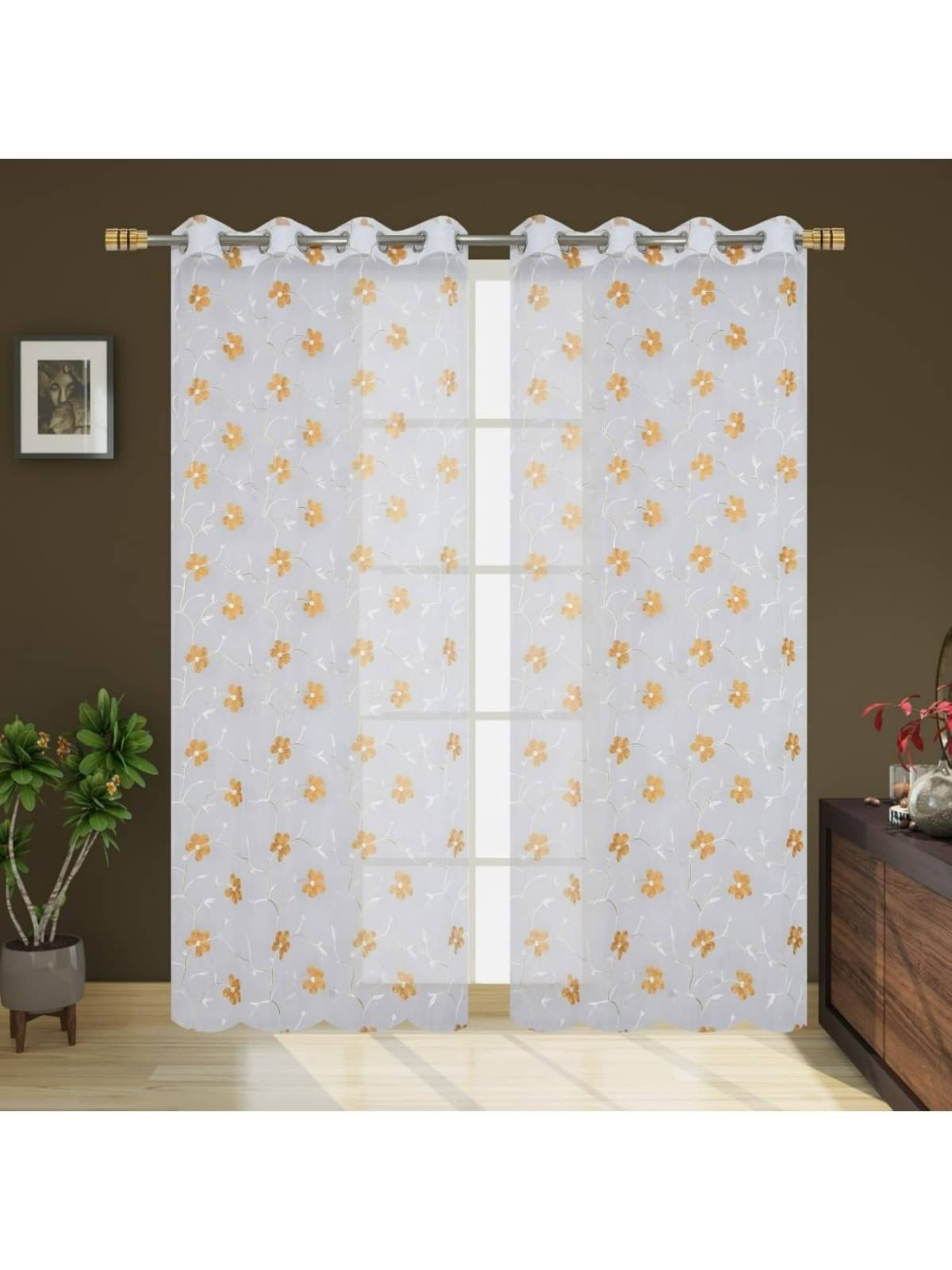UrbanArts Floral Transparent Eyelet Curtain 5 ft ( Pack of 2 ) - Yellow UrbanArts Floral Transparent Eyelet Curtain 5 ft ( Pack of 2 ) - Yellow