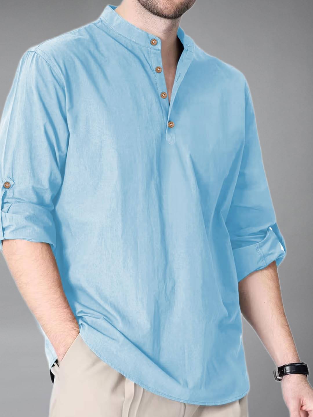 Vashuqi Sky Blue Blended Men's Regular Kurta ( Pack of 1 )     			Vashuqi Sky Blue Blended Men's Regular Kurta ( Pack of 1 )