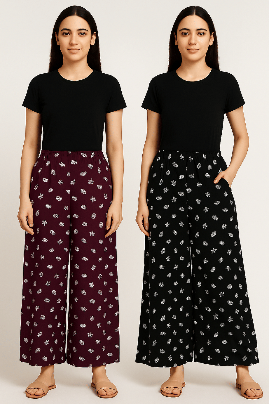     			winstyle Women Cotton Printed Palazzos ( Black,Maroon )