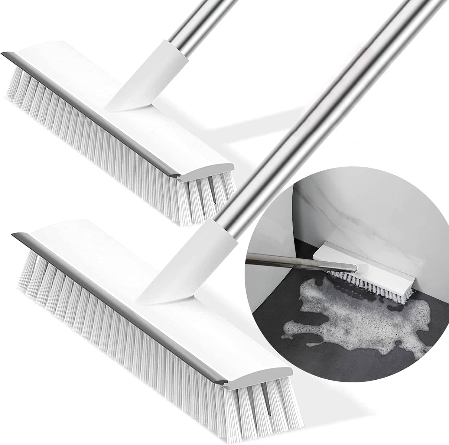 2 in 1 Bathroom Cleaning Brush with Wiper, Tile Cleaner Brush, Long Handle, White 2 in 1 Bathroom Cleaning Brush with Wiper, Tile Cleaner Brush, Long Handle, White