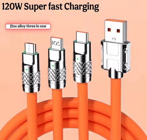     			3 in 1 Fast Charging Data Cable (Orange) , 120W Portable, charger chod with USB Type-C & Micro- USB (Orange)
