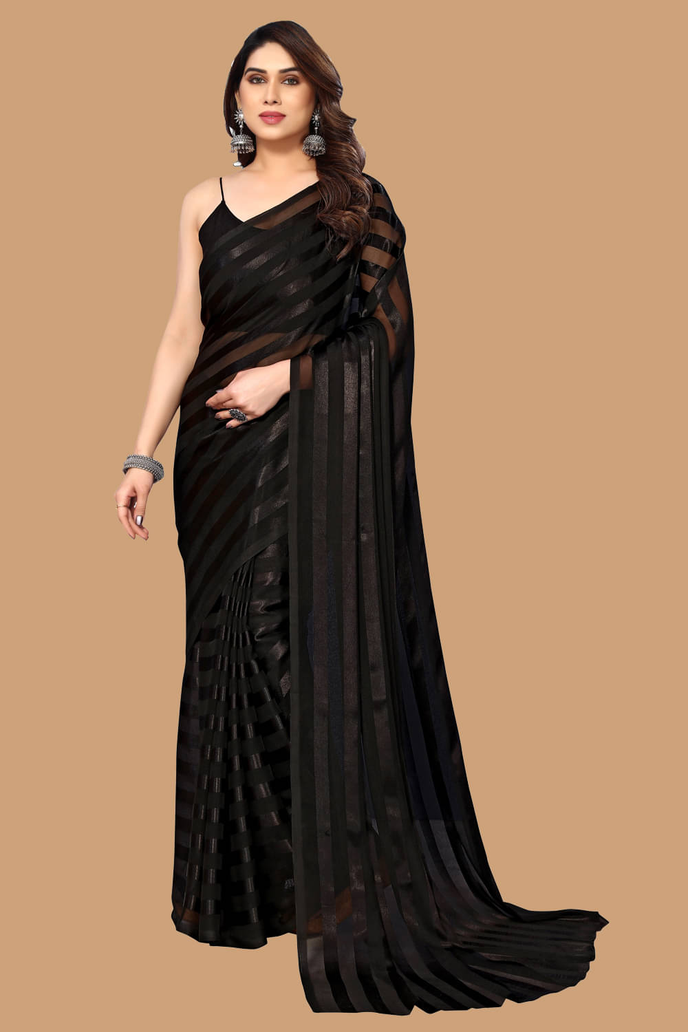     			ANAND SAREES Satin Embellished Kasavu Saree With Unstitched Blouse Piece ( BLACK )