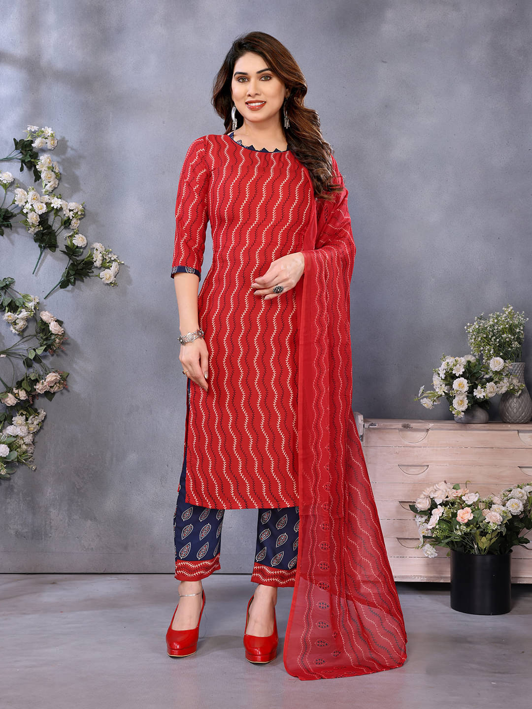 ANAND SAREES Women Crepe Unstitched Dress Material ( Red )     			ANAND SAREES Women Crepe Unstitched Dress Material ( Red )
