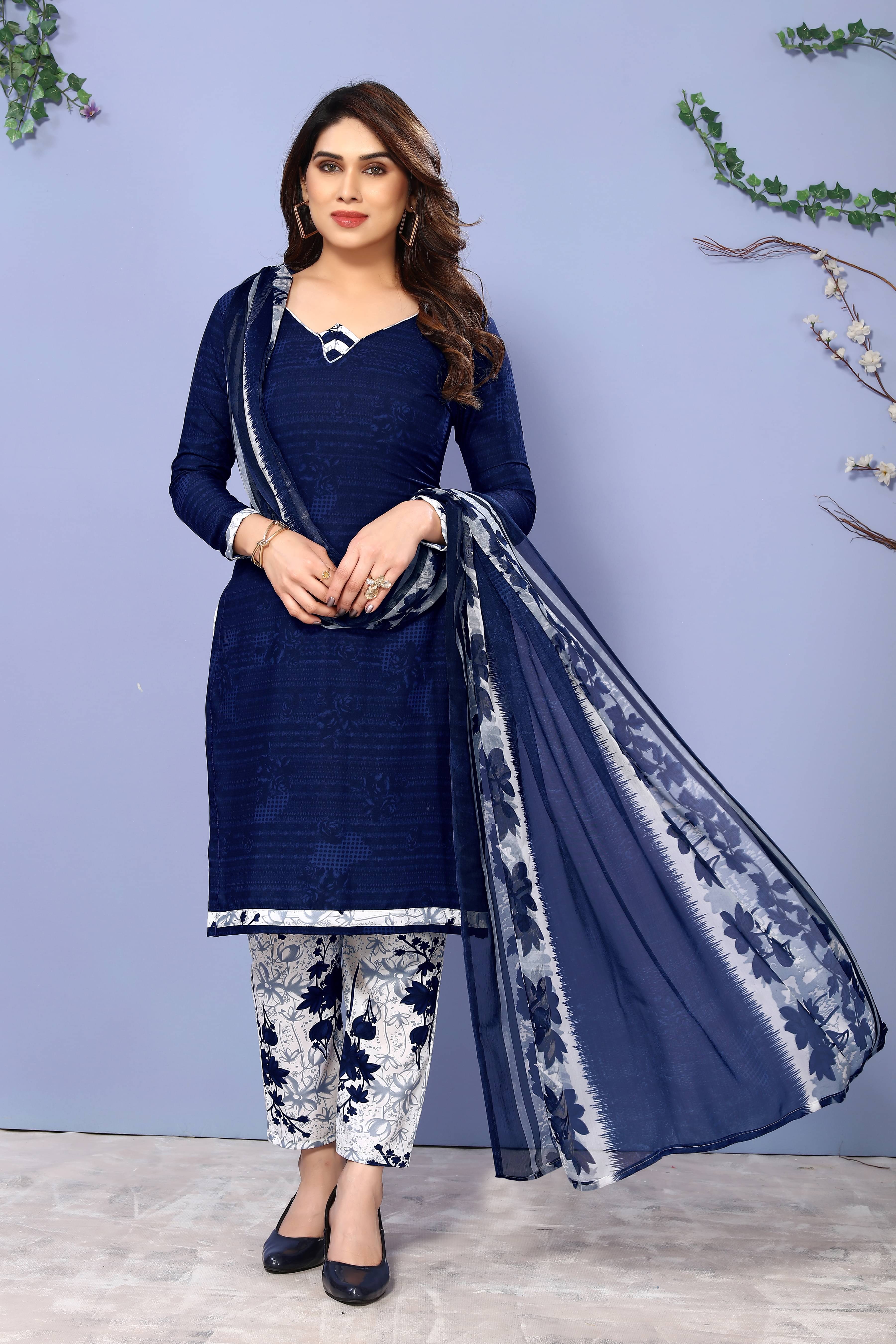 ANAND SAREES Women Crepe Unstitched Dress Material ( Blue )     			ANAND SAREES Women Crepe Unstitched Dress Material ( Blue )