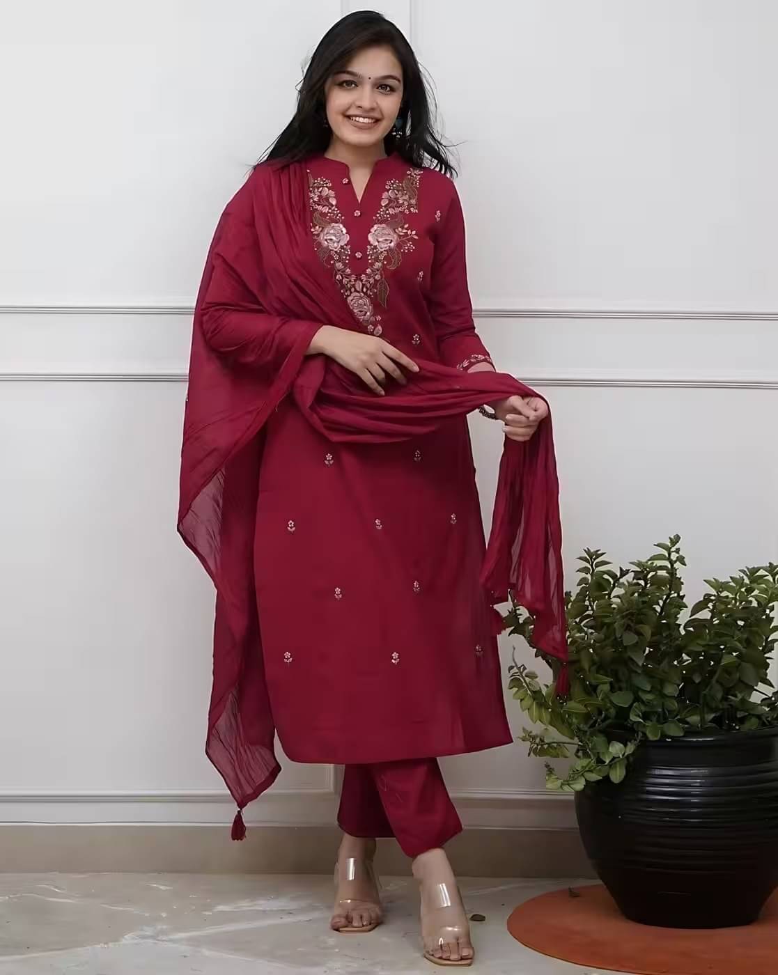     			ANKHIR ERA Women Rayon Embroidered A-line Kurti With Pants ( Maroon )
