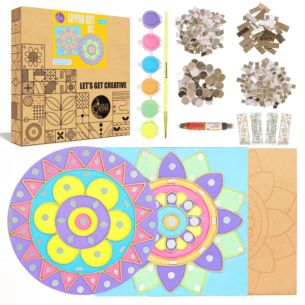     			Asian Hobby Crafts Lippan Art Kit – DIY Wall Decoration Kit with 3 MDF Bases 8 inch, Paints, Craft Mirrors, Clay Traditional Painting Art Kit for Kids and Adults