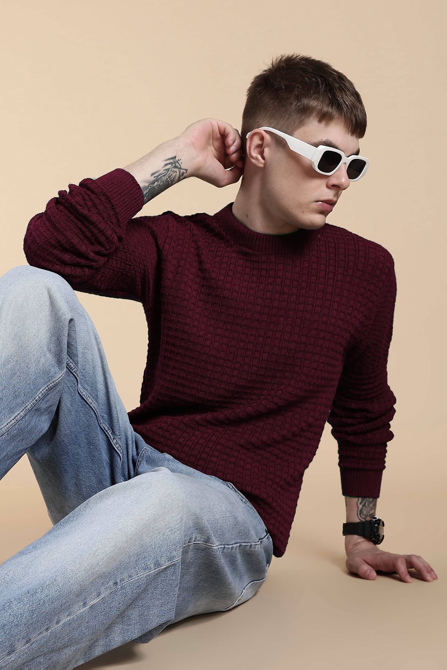     			CAT BUNNY Woollen Round Neck Men's Full Sleeves Pullover Sweater - Maroon ( Pack of 1 )