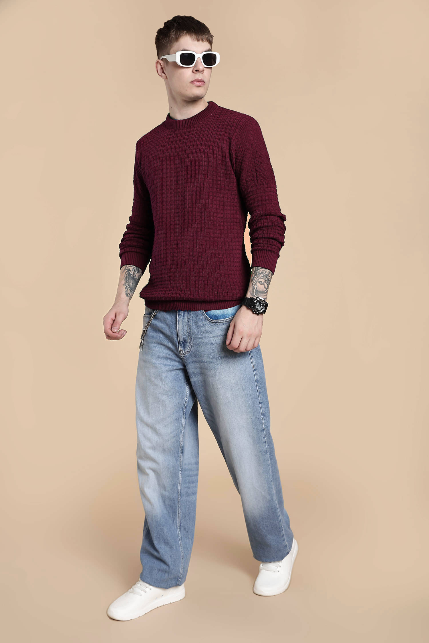     			CAT BUNNY Woollen Round Neck Men's Full Sleeves Pullover Sweater - Maroon ( Pack of 1 )