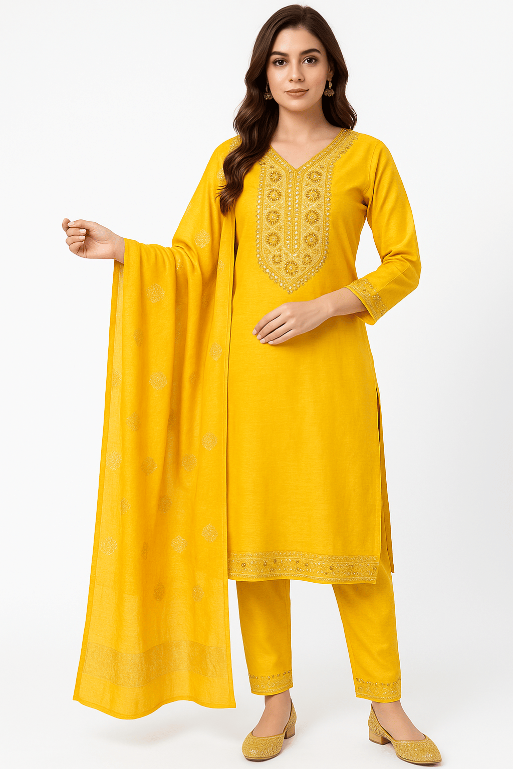     			Daughters Enterprise Women Silk Embroidered Straight Kurti With Pants ( Yellow )