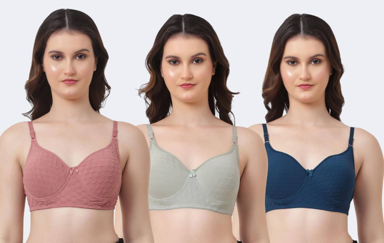 Funhame Pack of 3 Elastane Non Padded Everyday Bra For Women ( Blue )     			Funhame Pack of 3 Elastane Non Padded Everyday Bra For Women ( Blue )