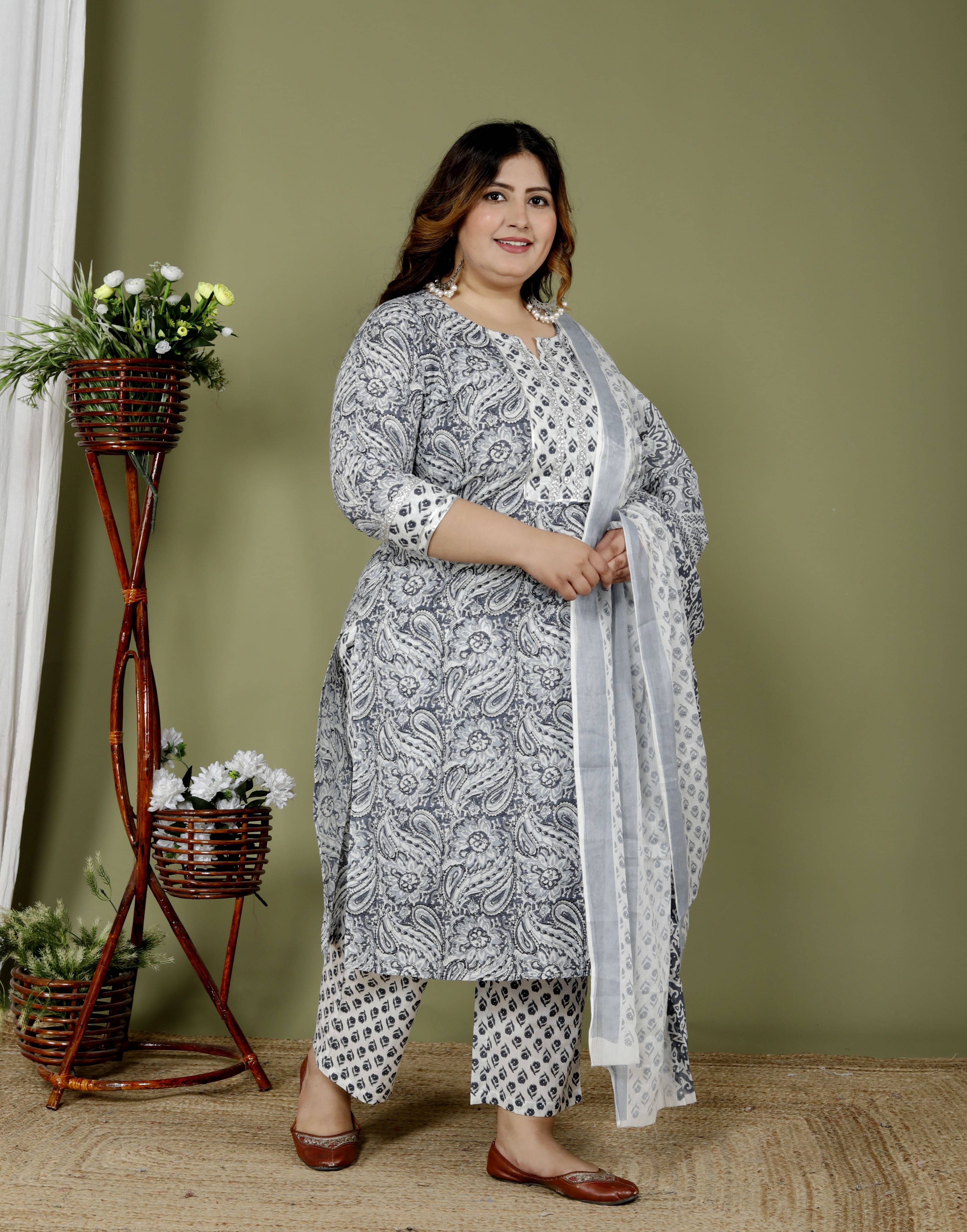     			Gyapti Women Cotton Printed Straight Kurti With Pants ( Grey )