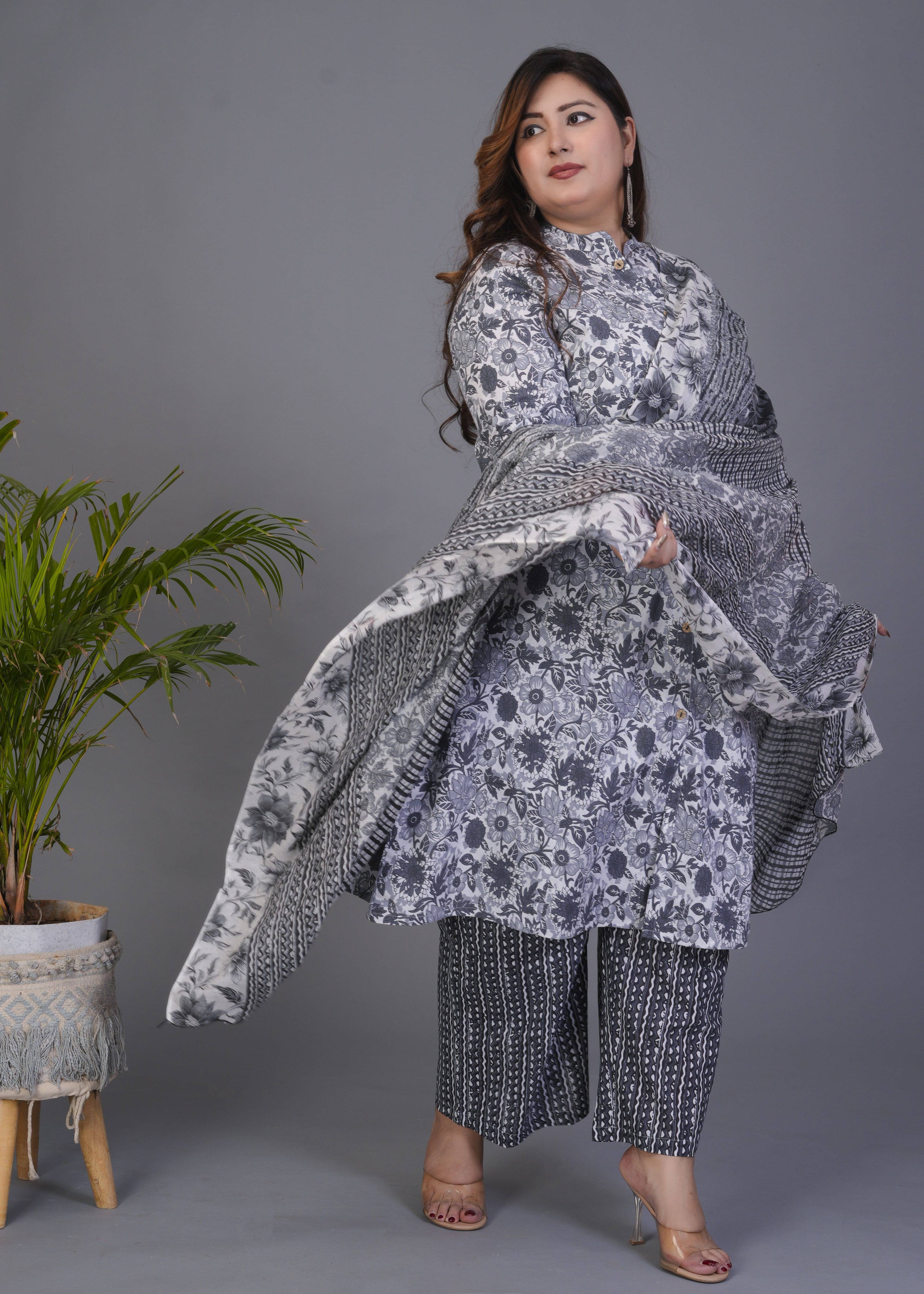 Gyapti Women Cotton Printed Straight Kurti With Pants ( Grey )     			Gyapti Women Cotton Printed Straight Kurti With Pants ( Grey )