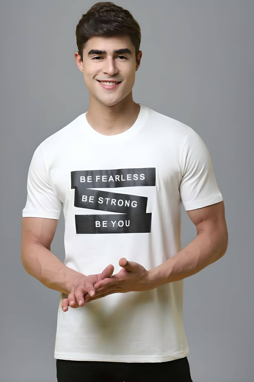     			KM Men Polyester Regular Fit Printed T-Shirt ( White )
