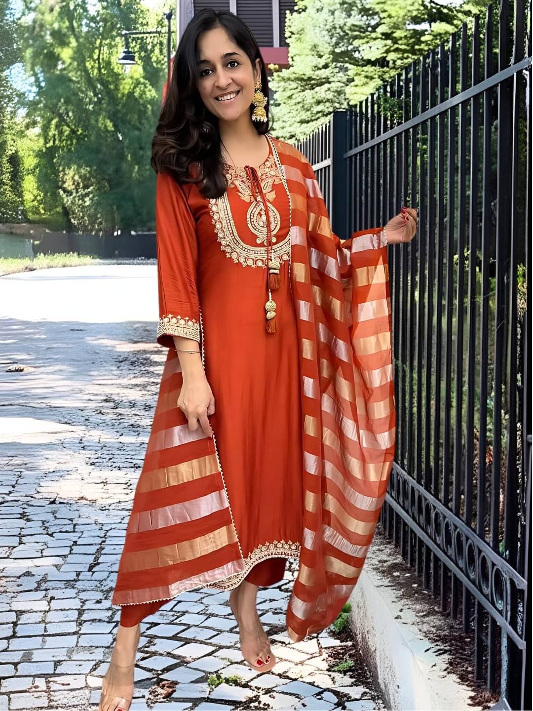     			KOTRONS Women Silk Embroidered Straight Kurti With Pants ( Orange )