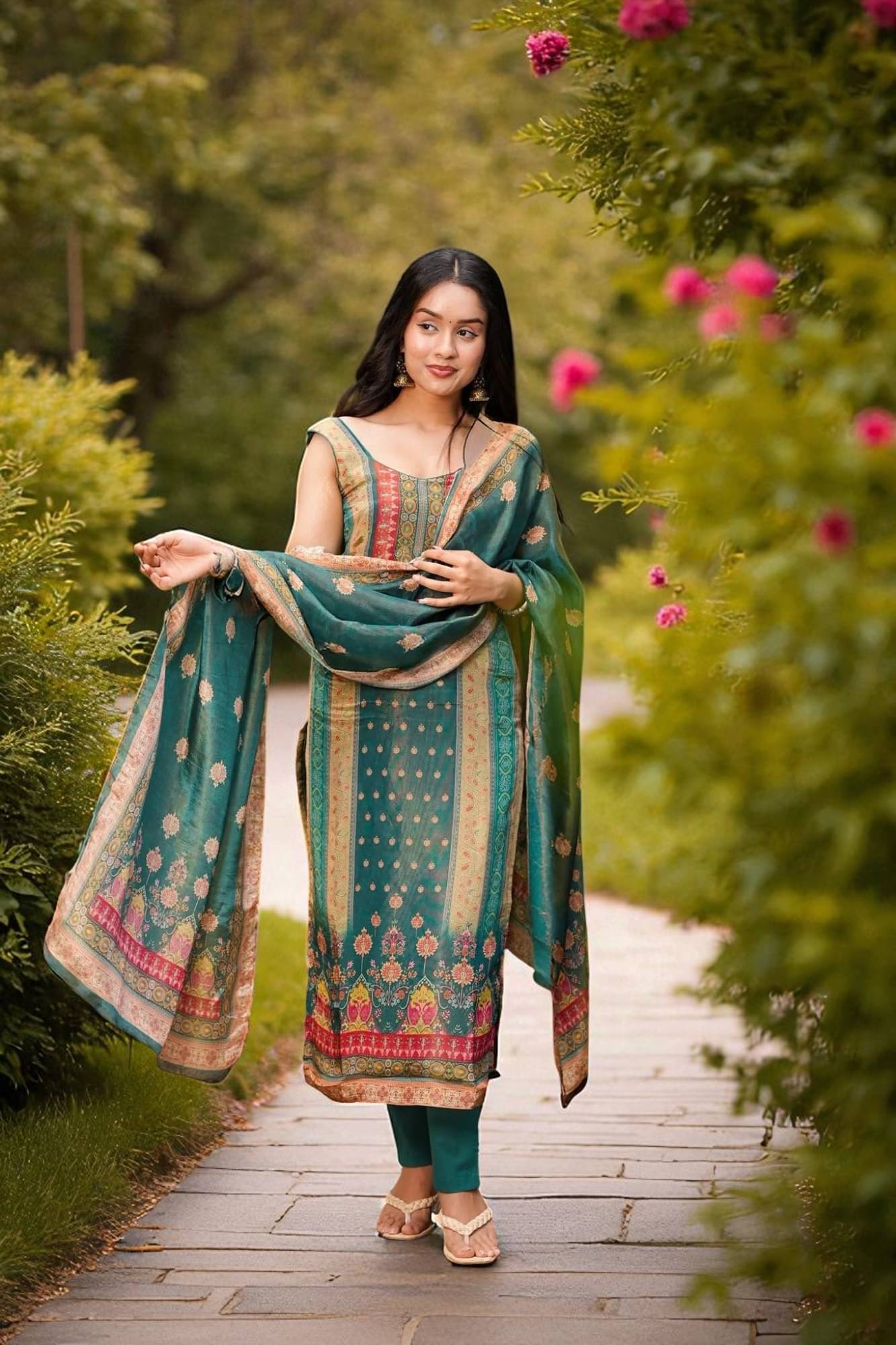     			KOTRONS Women Silk Printed A-line Kurti With Pants ( Green )