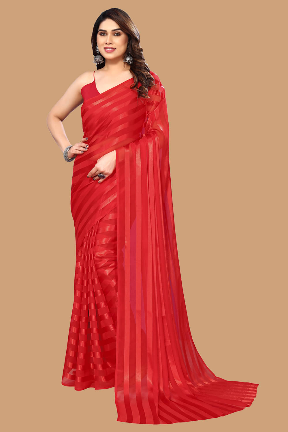     			Kashvi Sarees Satin Striped Kasavu Saree With Unstitched Blouse Piece ( Red )