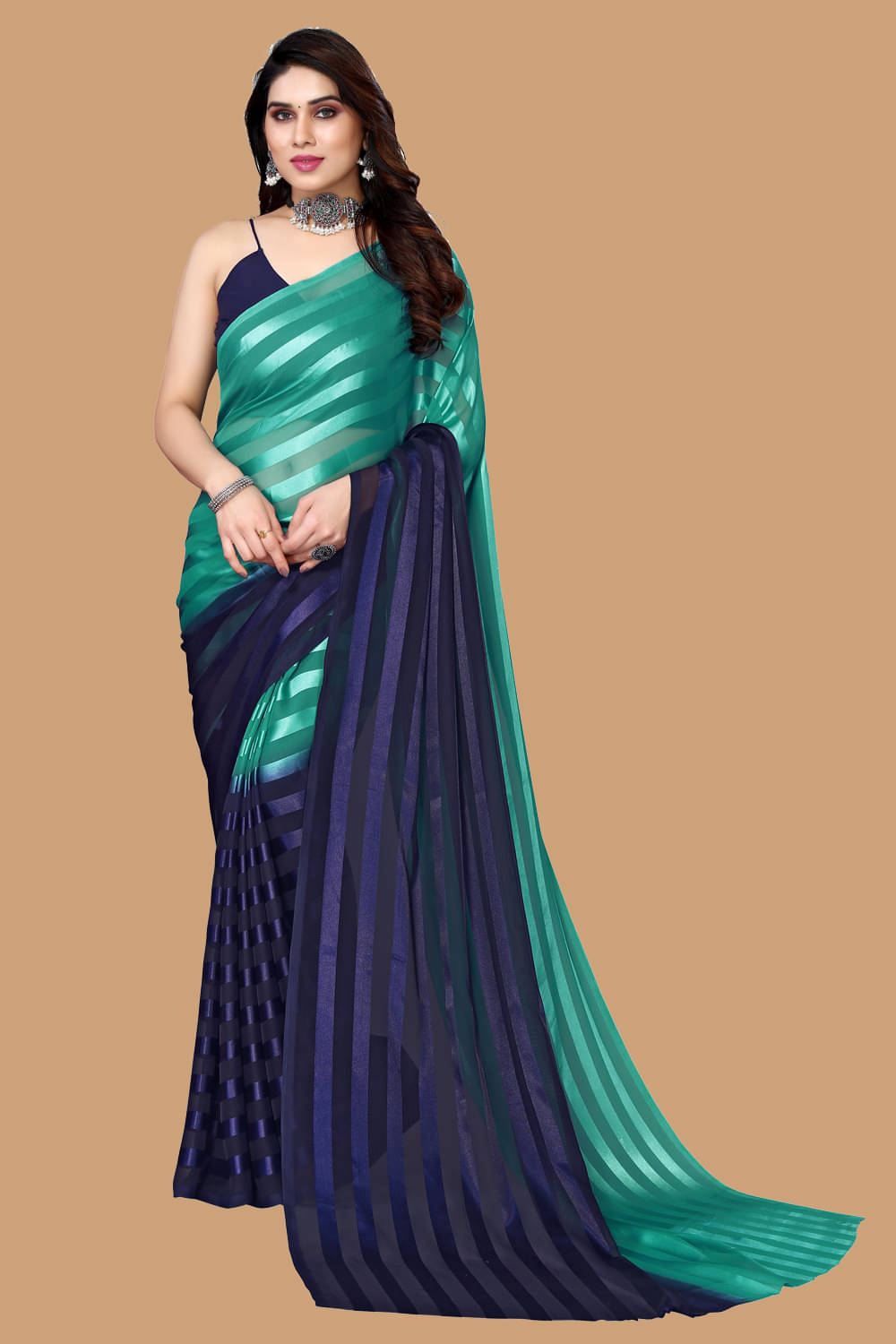     			Kashvi Sarees Satin Striped Kasavu Saree With Unstitched Blouse Piece ( Green )