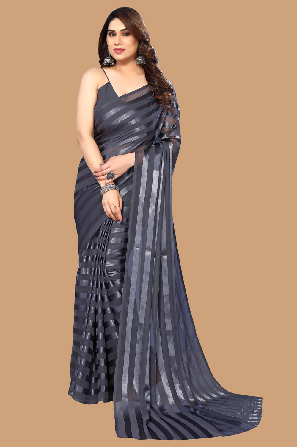     			Kashvi Sarees Satin Striped Kasavu Saree With Unstitched Blouse Piece ( Grey )