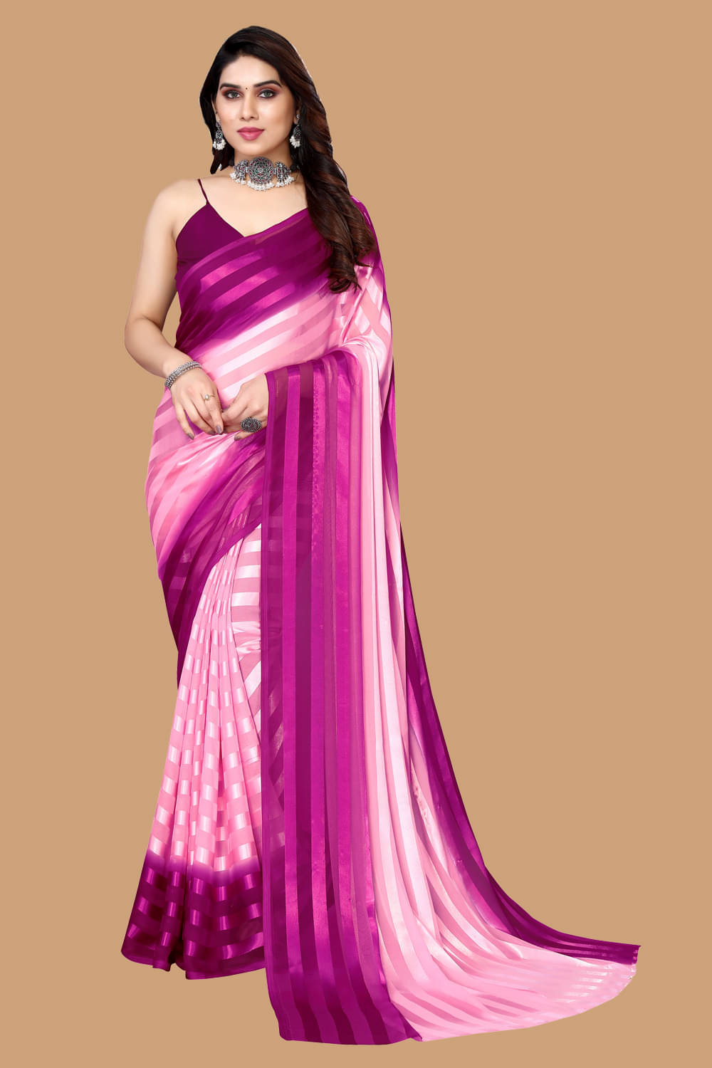 Kashvi Sarees Satin Striped Kasavu Saree With Unstitched Blouse Piece ( Rani )     			Kashvi Sarees Satin Striped Kasavu Saree With Unstitched Blouse Piece ( Rani )