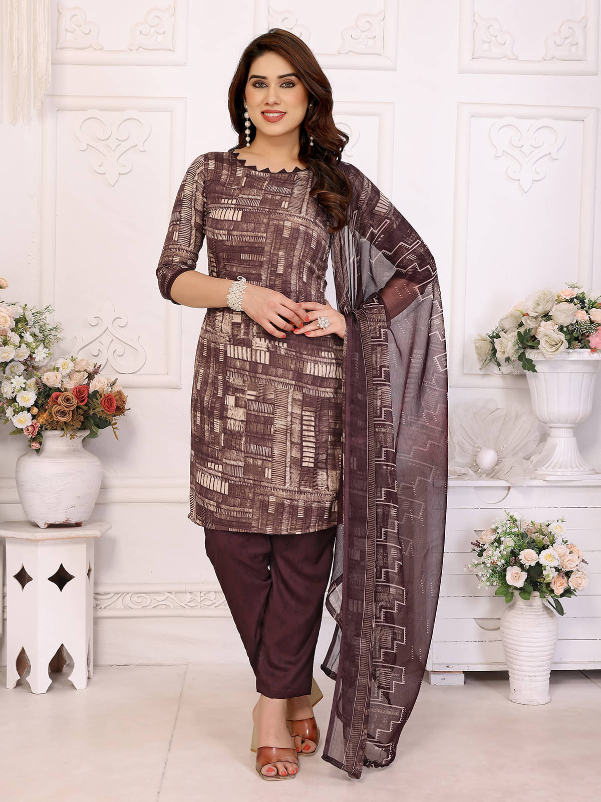 Kashvi Sarees Women Crepe Unstitched Dress Material ( Brown )     			Kashvi Sarees Women Crepe Unstitched Dress Material ( Brown )