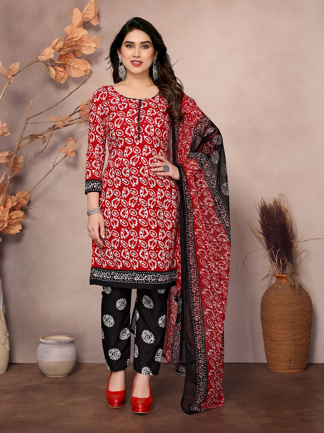 Kashvi Sarees Women Crepe Unstitched Dress Material ( Red )     			Kashvi Sarees Women Crepe Unstitched Dress Material ( Red )