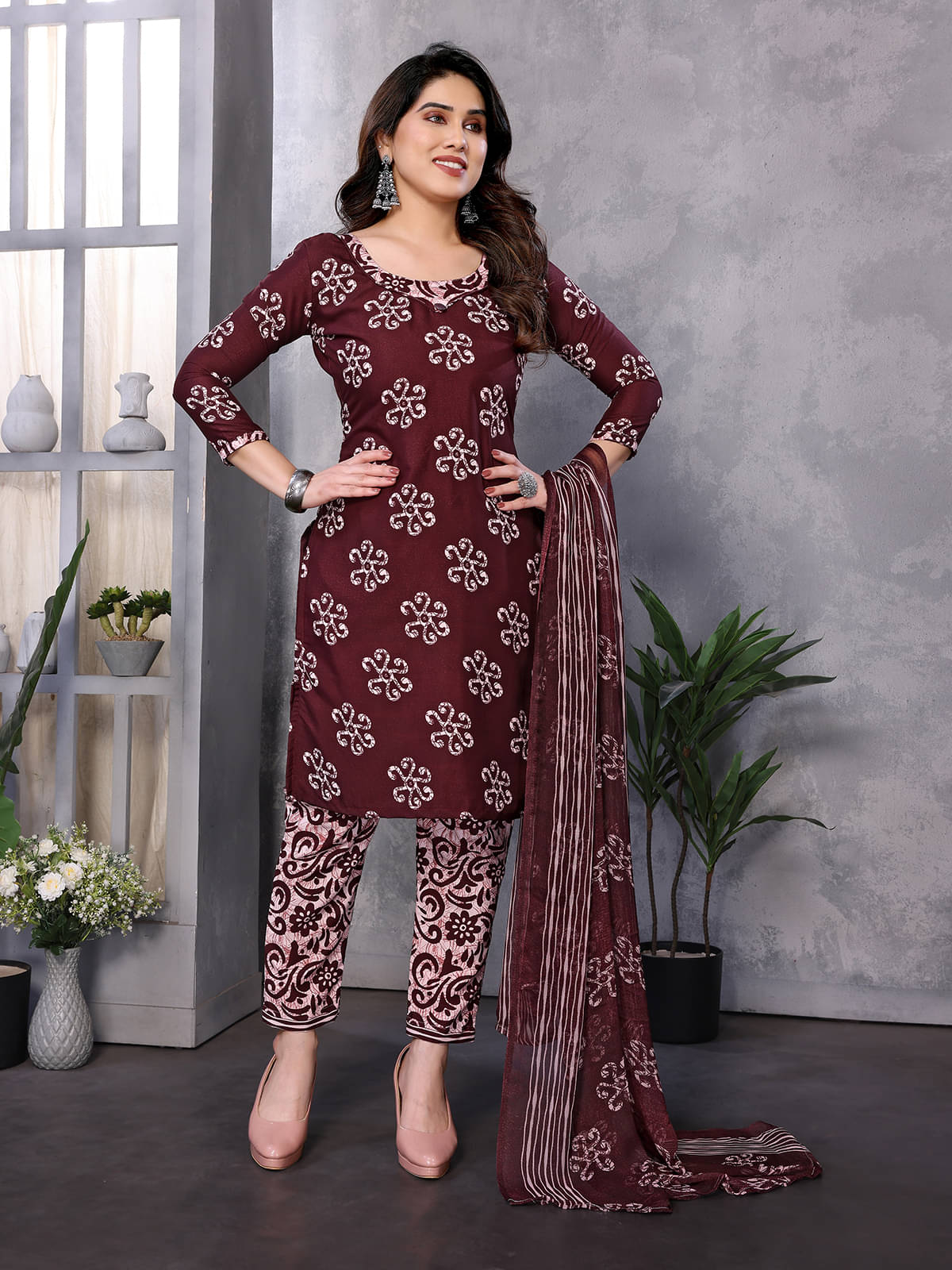 Kashvi Sarees Women Crepe Unstitched Dress Material ( Brown )     			Kashvi Sarees Women Crepe Unstitched Dress Material ( Brown )