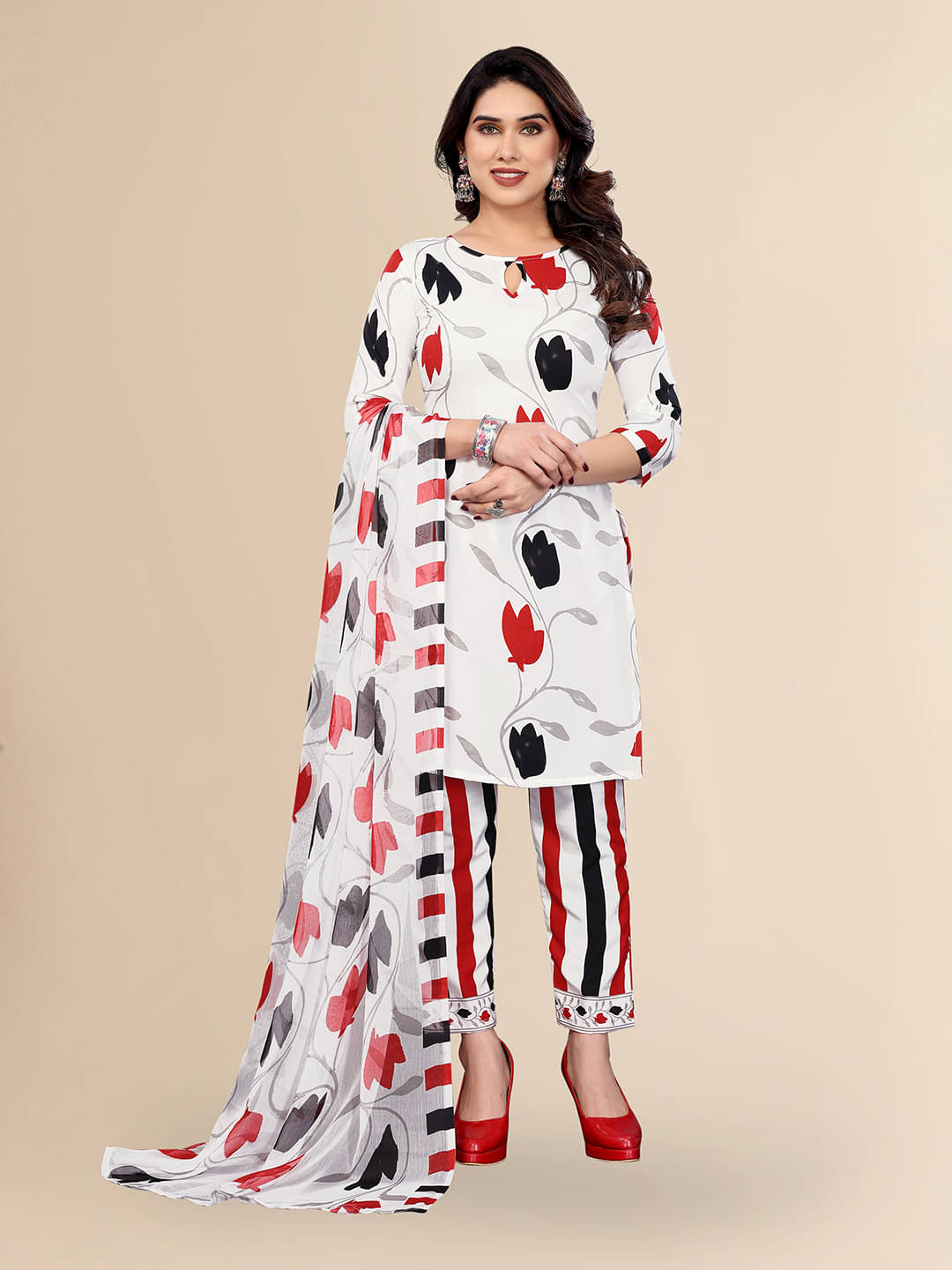 Kashvi Sarees Women Crepe Unstitched Dress Material ( White )     			Kashvi Sarees Women Crepe Unstitched Dress Material ( White )