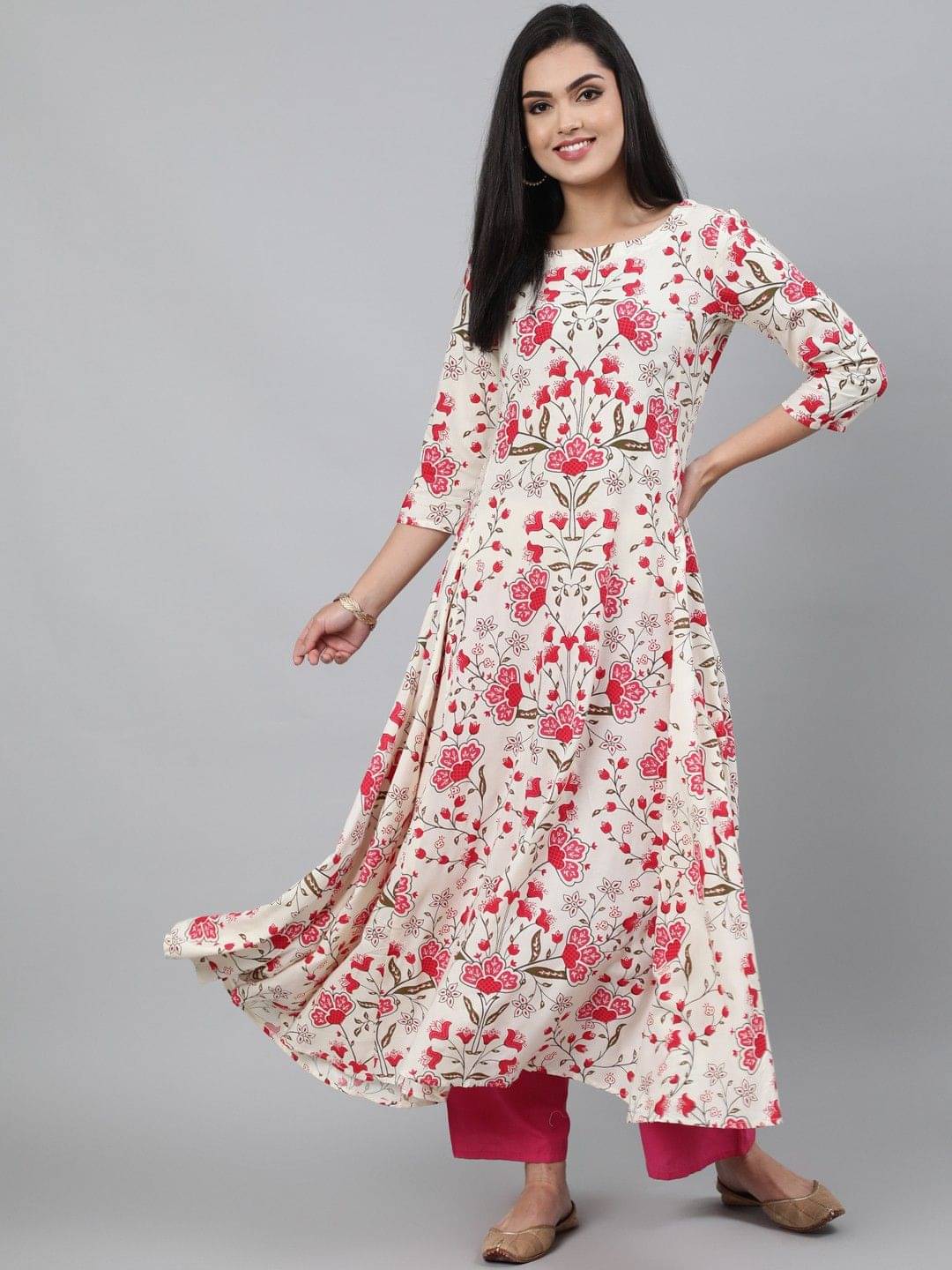     			Kimayra Women 100% Cotton Embroidered Anarkali Kurti ( White )