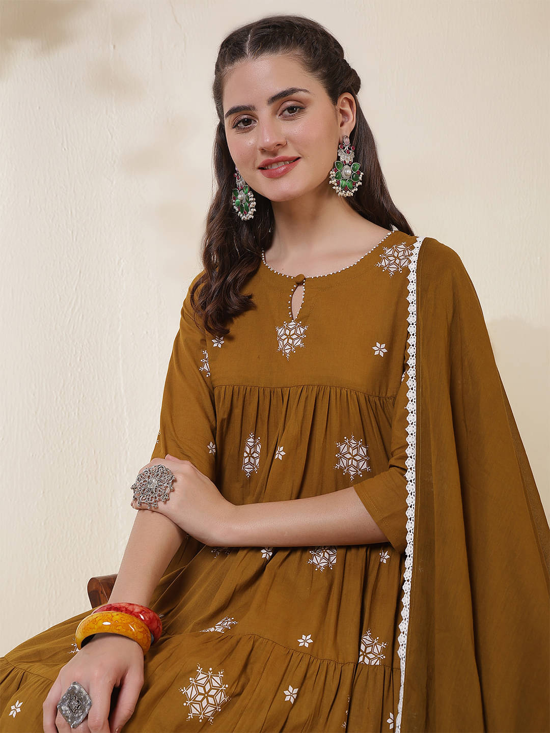     			Kimayra Women Cotton Printed Anarkali Kurti With Palazzo ( Yellow )