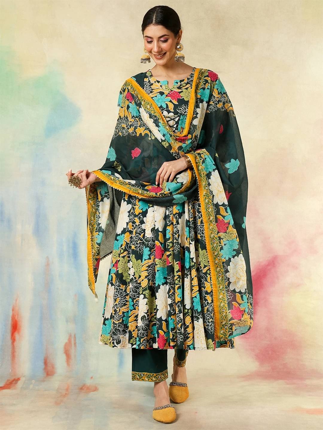     			Kimayra Women Cotton Printed Flared Kurti With Palazzo ( Green )