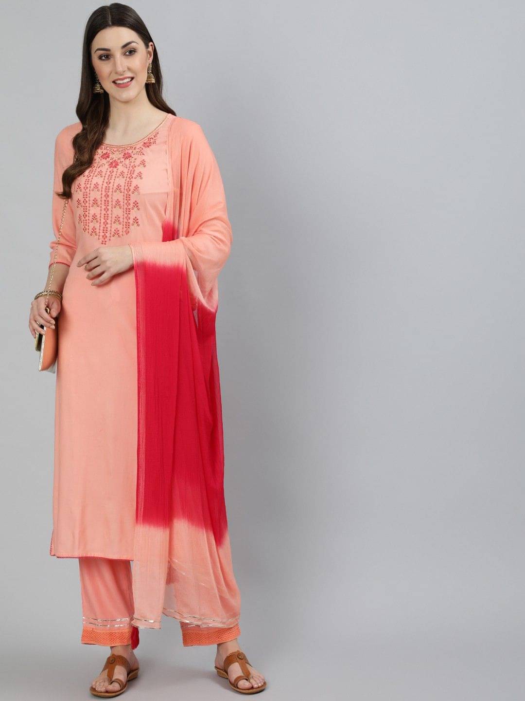     			Kimayra Women Viscose Embroidered Flared Kurti With Pants ( Pink )