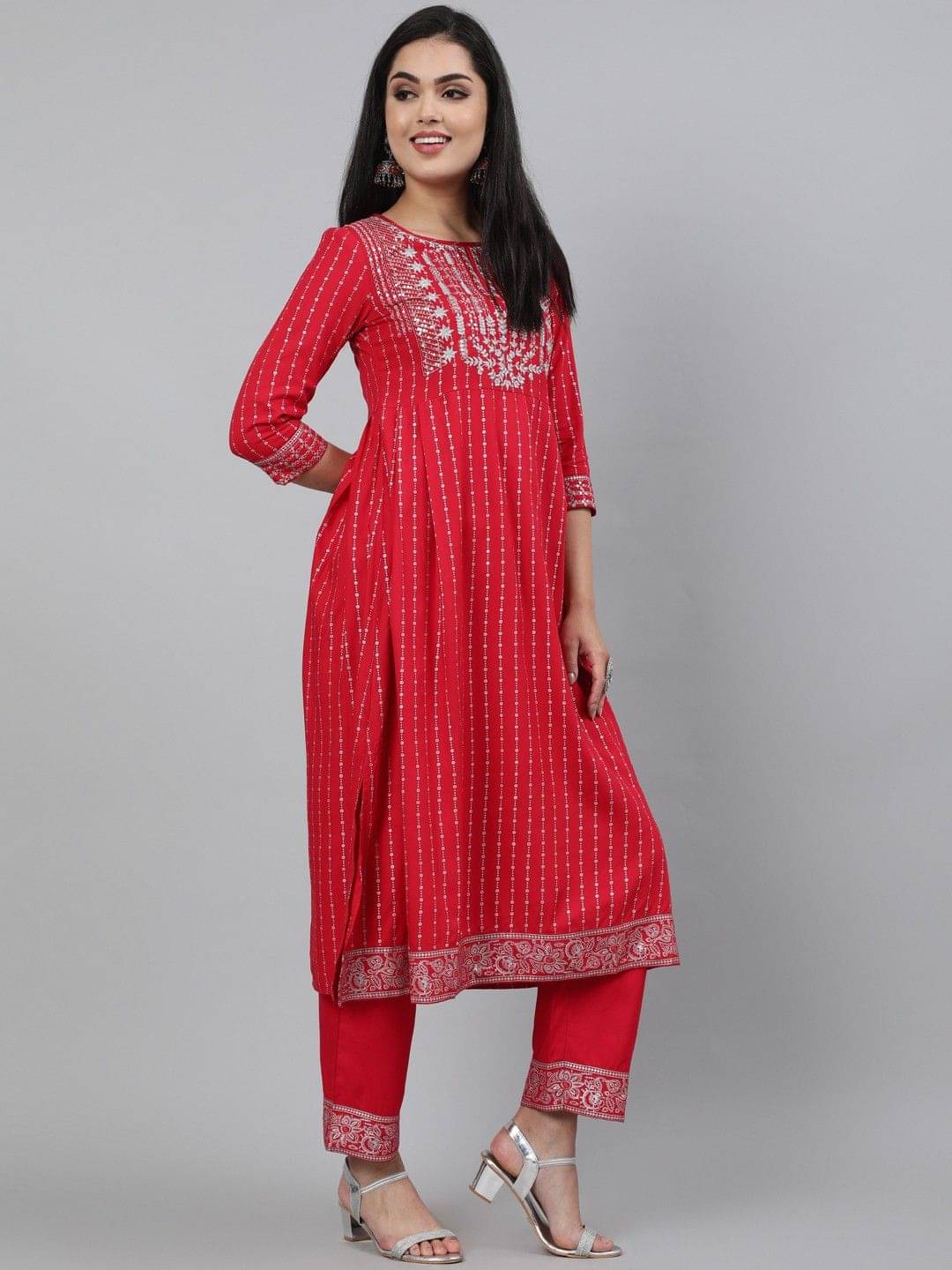     			Kimayra Women Viscose Embroidered Flared Kurti With Pants ( Pink )