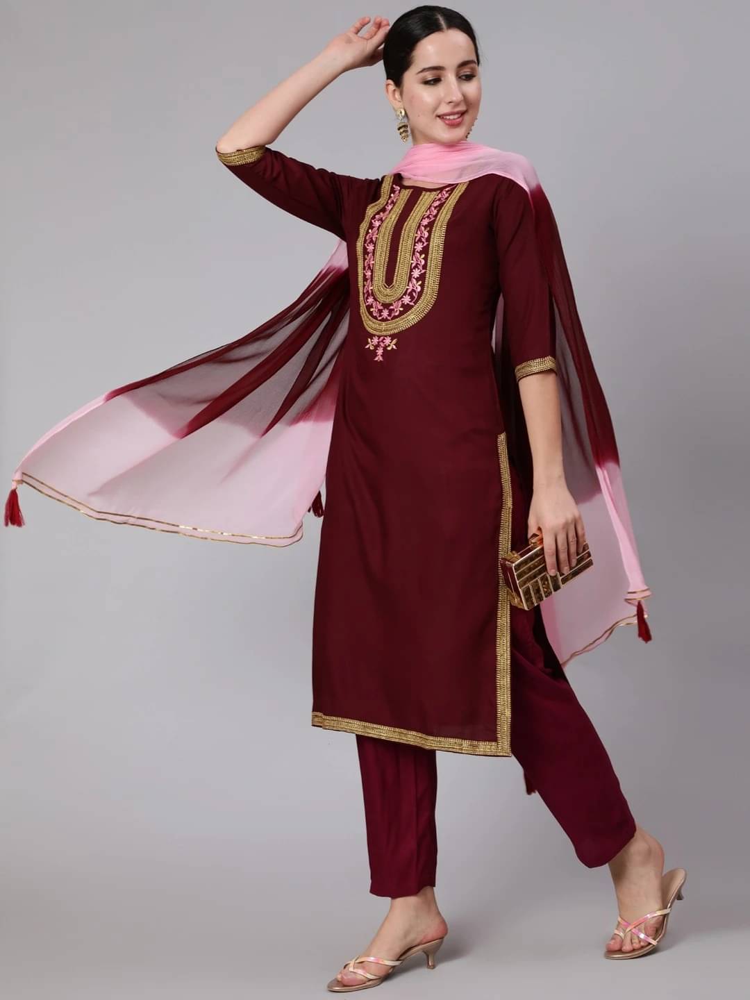     			Kimayra Women Viscose Embroidered Flared Kurti With Pants ( Maroon )