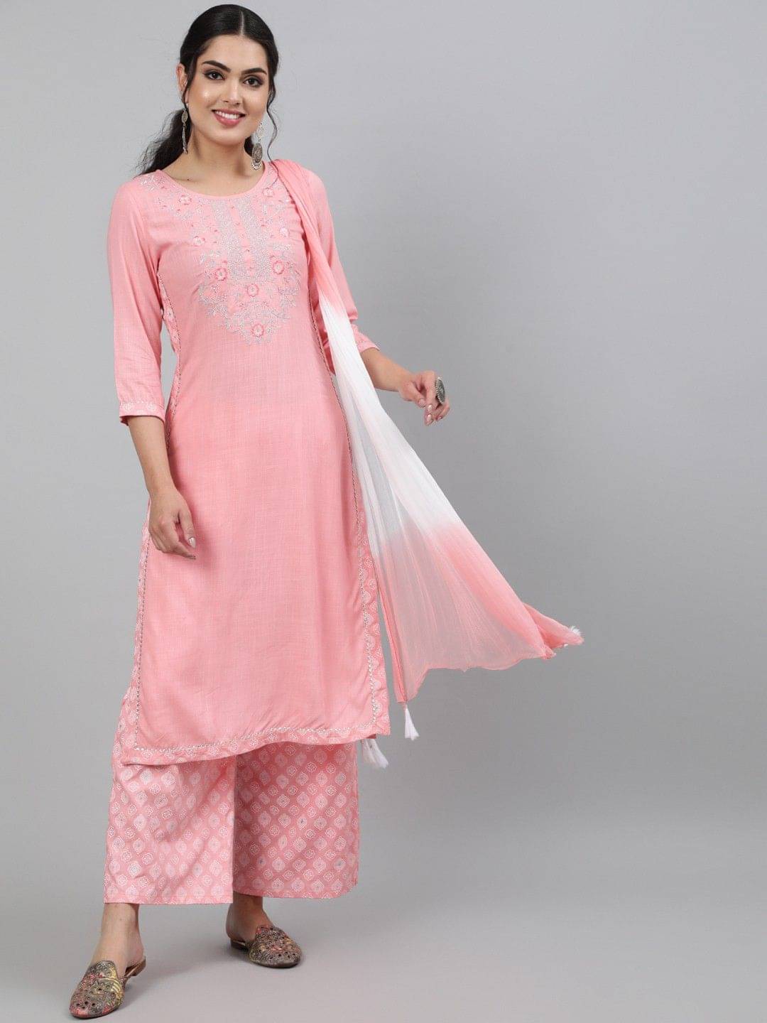     			Kimayra Women Viscose Embroidered Flared Kurti With Palazzo ( Pink )
