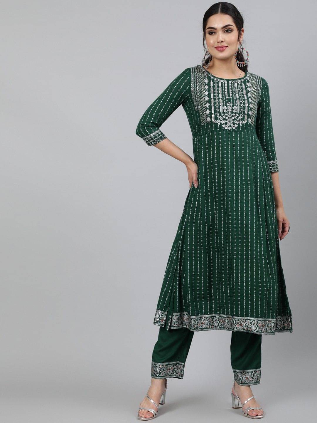     			Kimayra Women Viscose Embroidered Flared Kurti With Pants ( Multicolor )