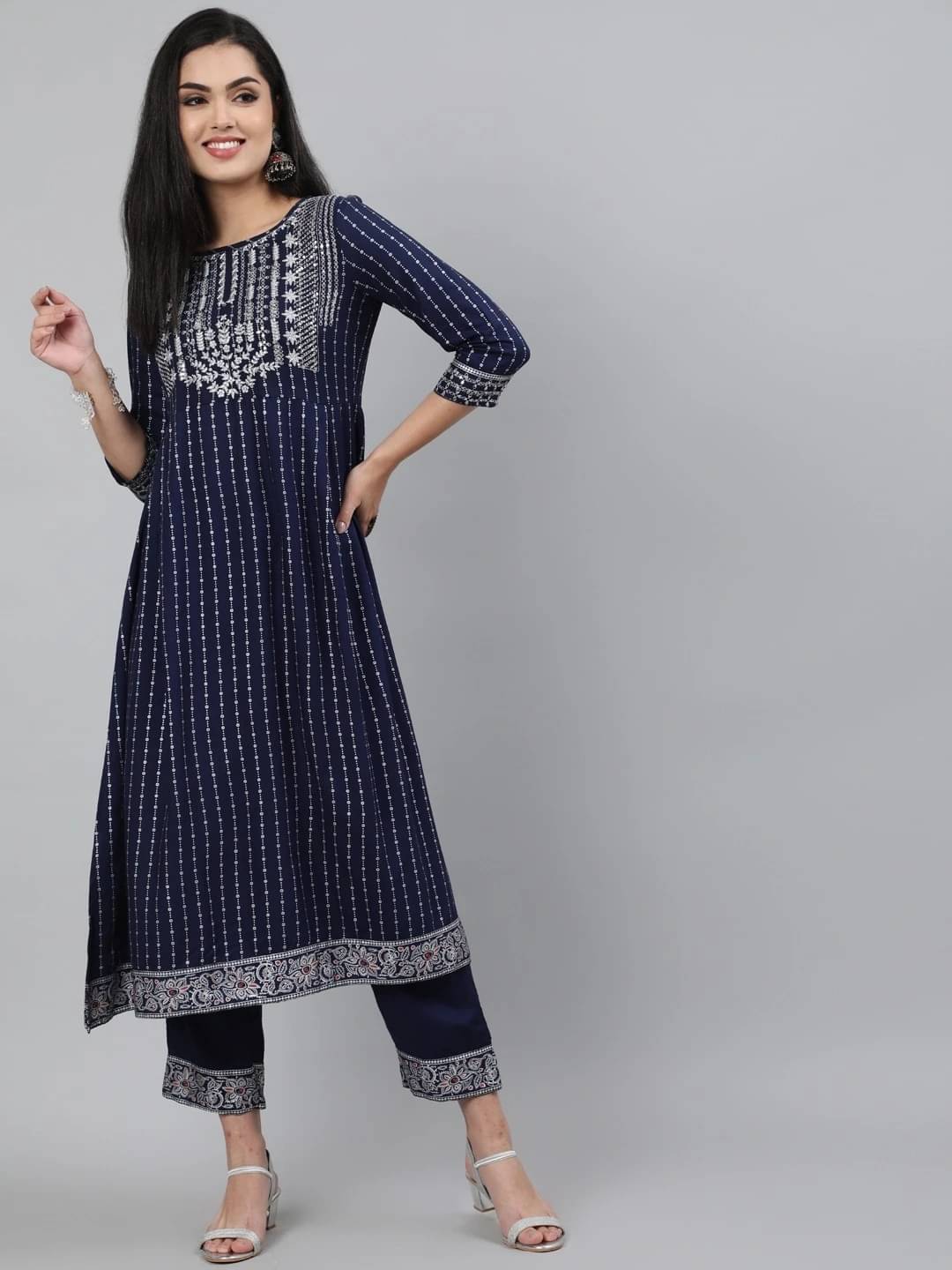     			Kimayra Women Viscose Embroidered Flared Kurti With Pants ( Blue )