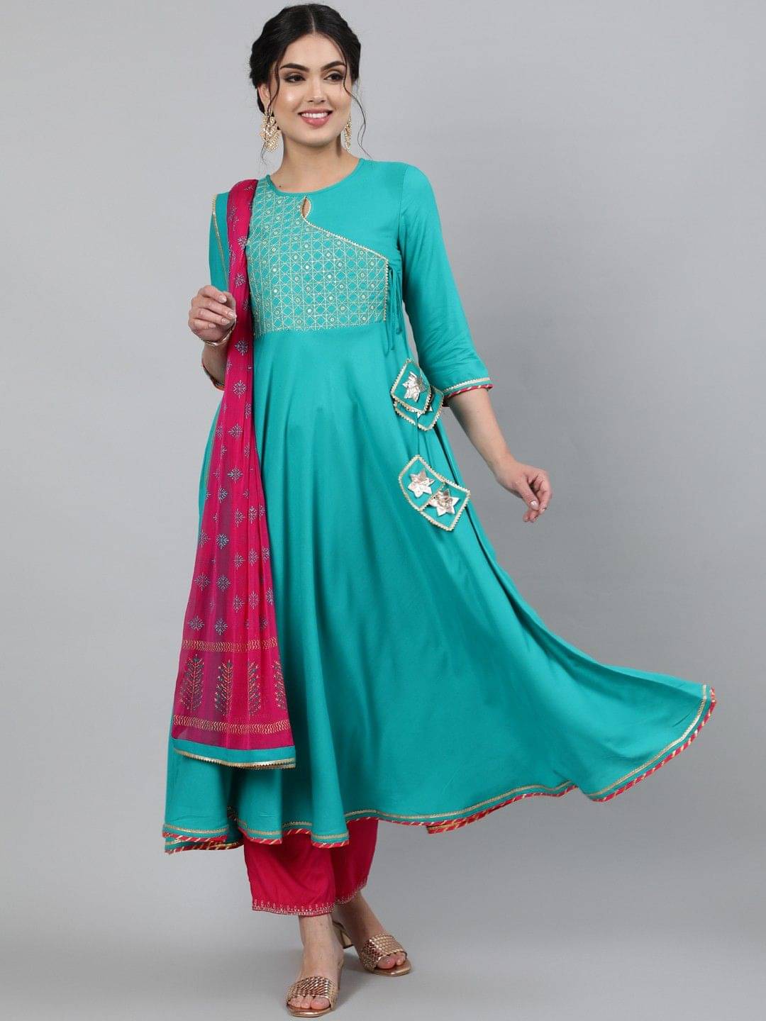     			Kimayra Women Viscose Embroidered Flared Kurti With Pants ( Green )