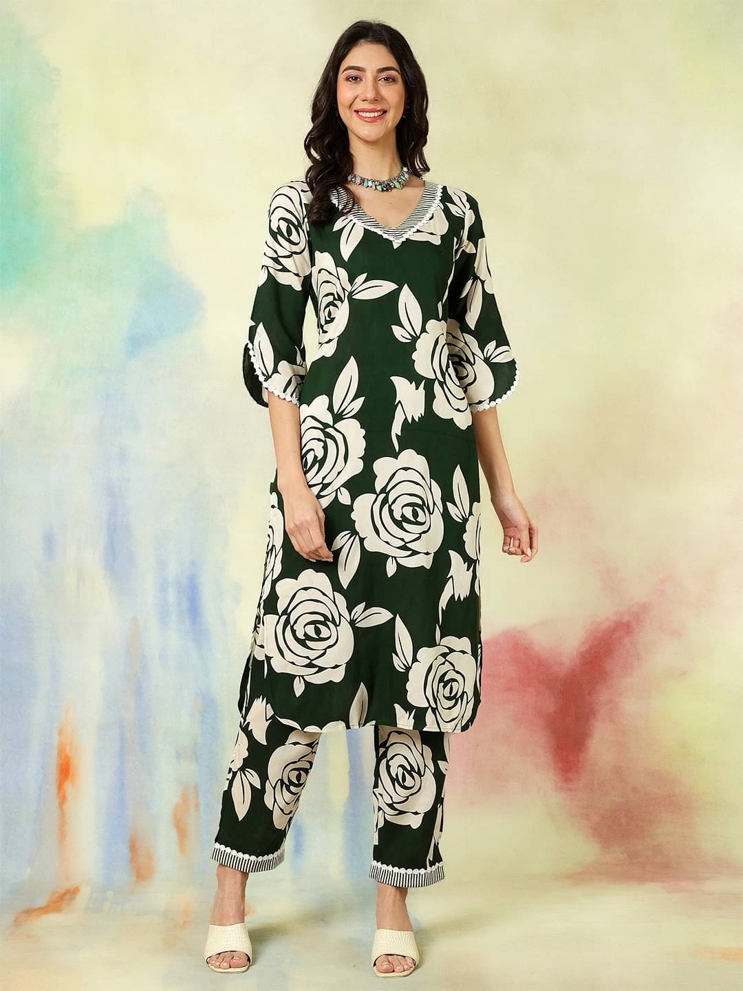     			Kimayra Women Viscose Printed A-line Kurti With Palazzo ( Green )