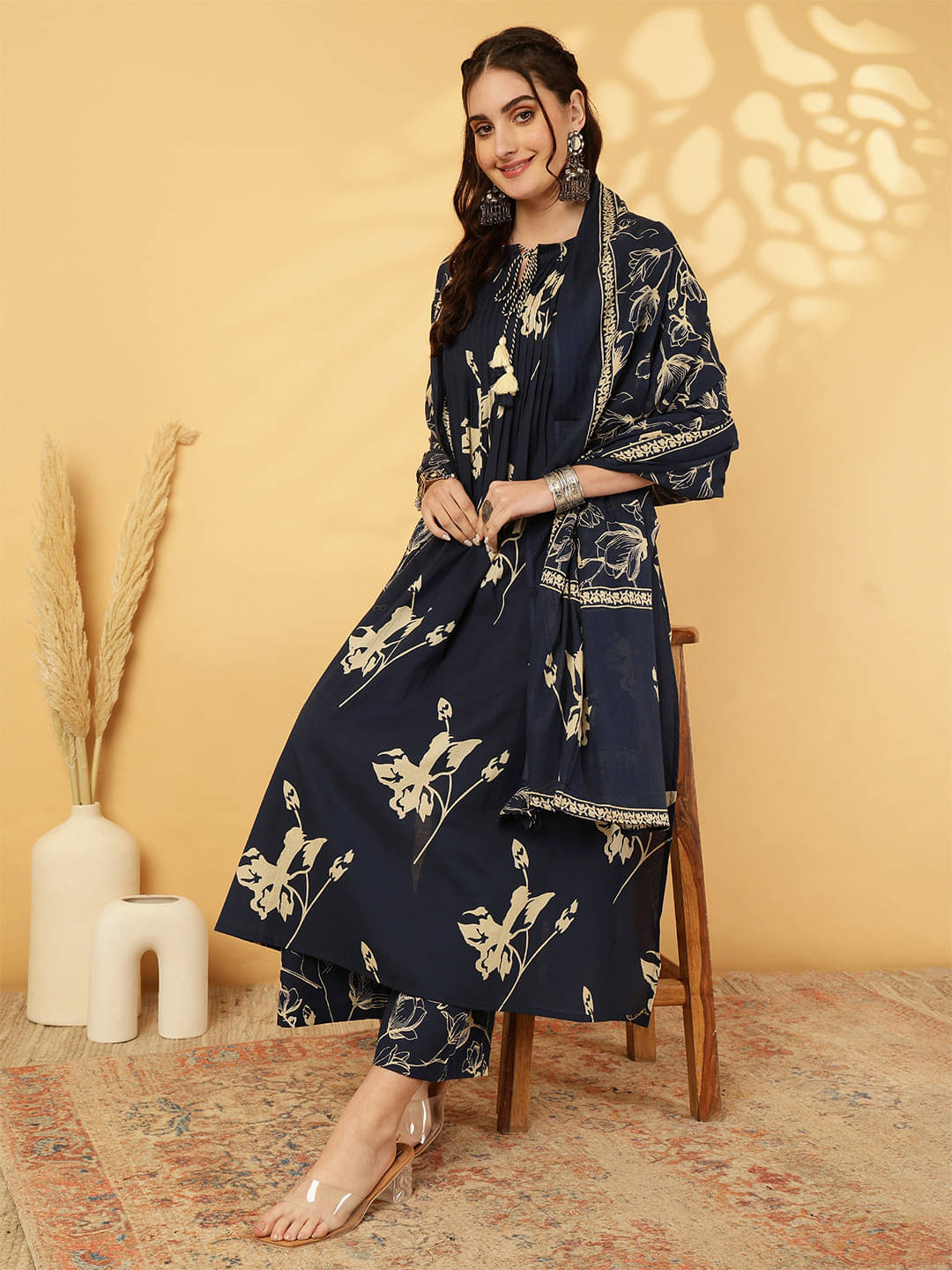     			Kimayra Women Viscose Printed A-line Kurti With Palazzo ( Dark Blue )