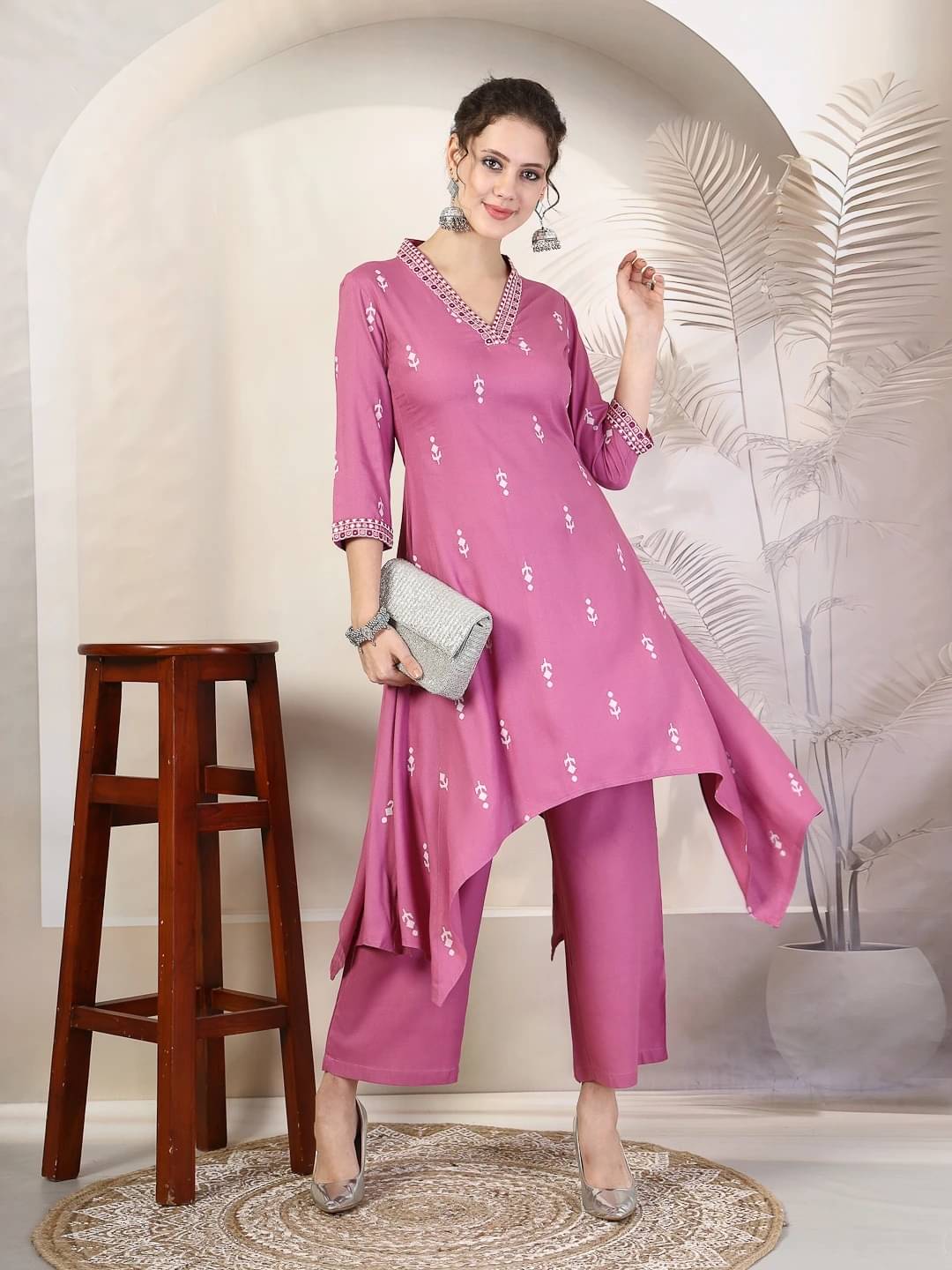     			Kimayra Women Viscose Printed Asymmetrical Kurti With Palazzo ( Purple )