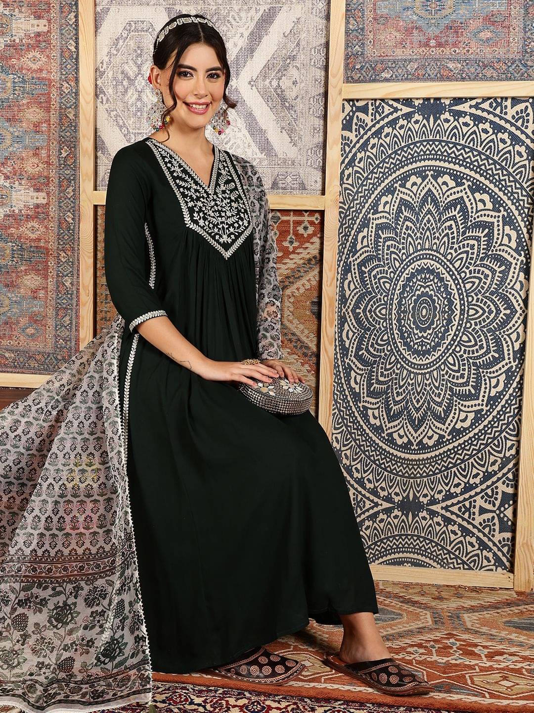     			Kimayra Women Viscose Printed Flared Kurti With Palazzo ( Dark Green )