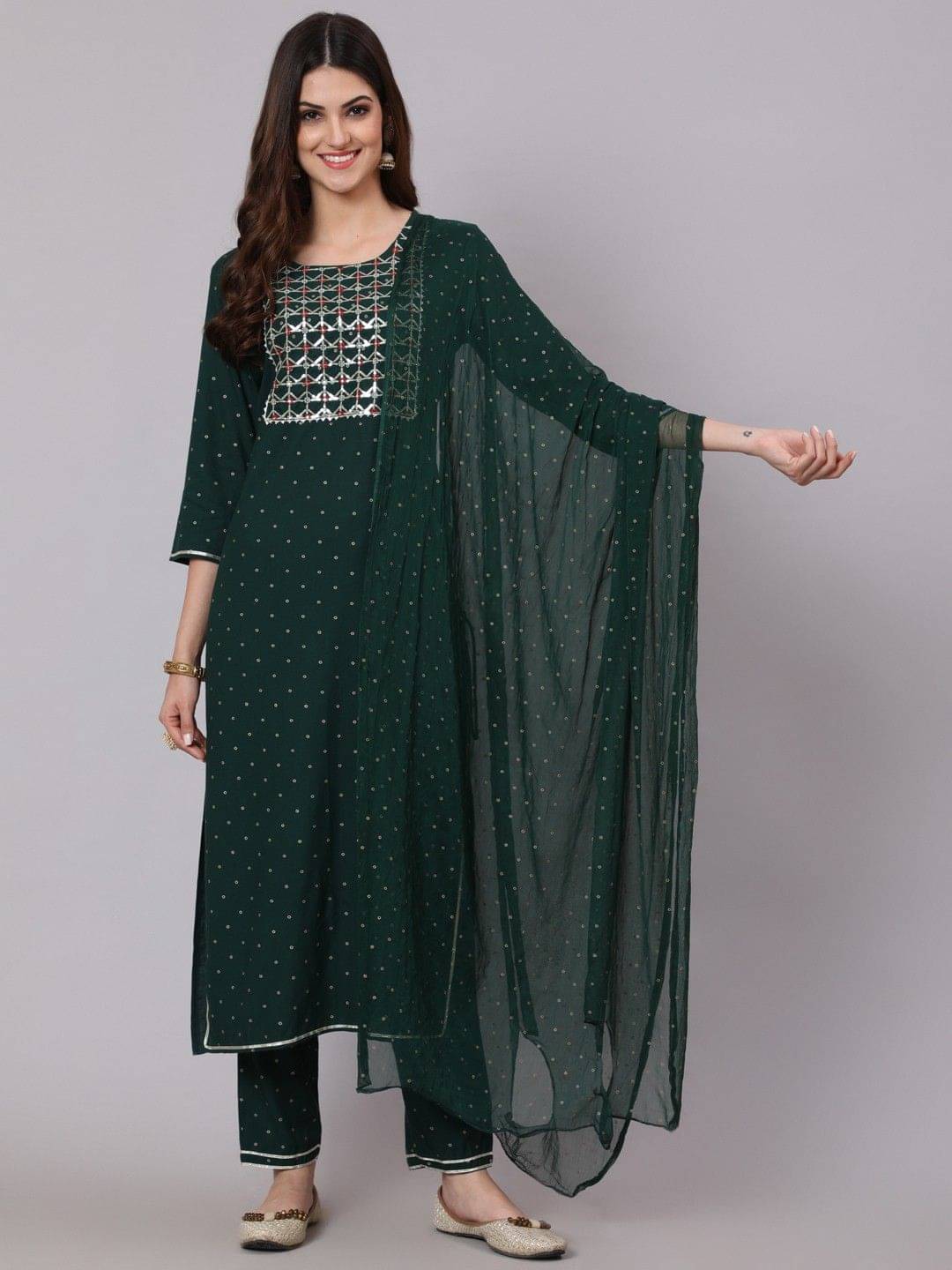     			Kimayra Women Viscose Printed Flared Kurti With Pants ( Green )