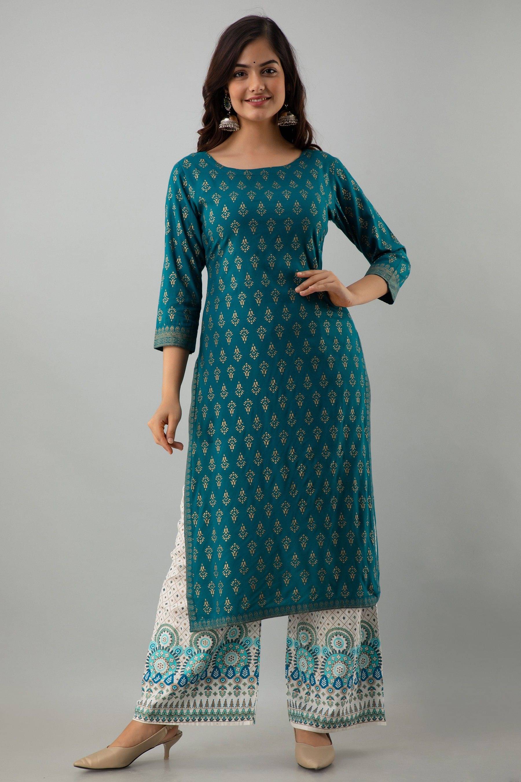     			Kimayra Women Viscose Printed Flared Kurti With Palazzo ( Light Green )