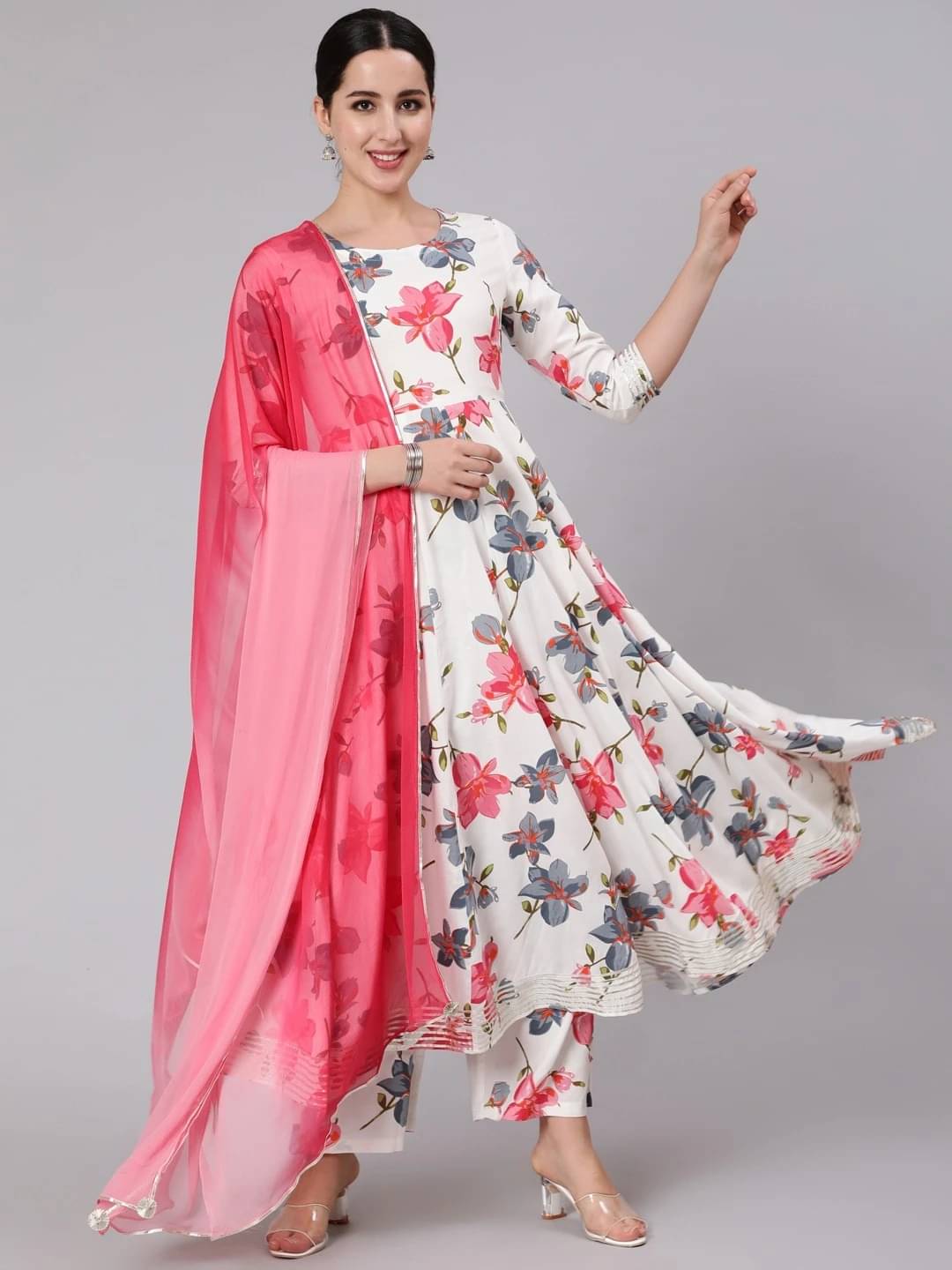     			Kimayra Women Viscose Printed Flared Kurti With Palazzo ( White )
