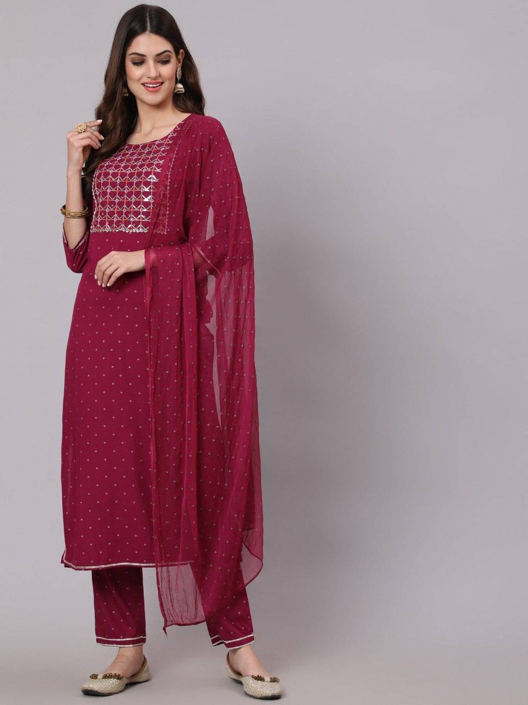Kimayra Women Viscose Printed Flared Kurti With Pants ( Maroon ) Kimayra Women Viscose Printed Flared Kurti With Pants ( Maroon )