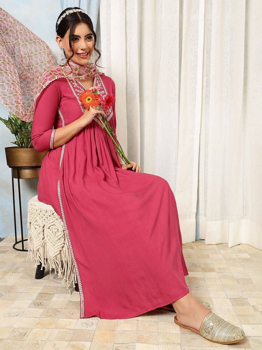     			Kimayra Women Viscose Printed Flared Kurti With Palazzo ( Pink )